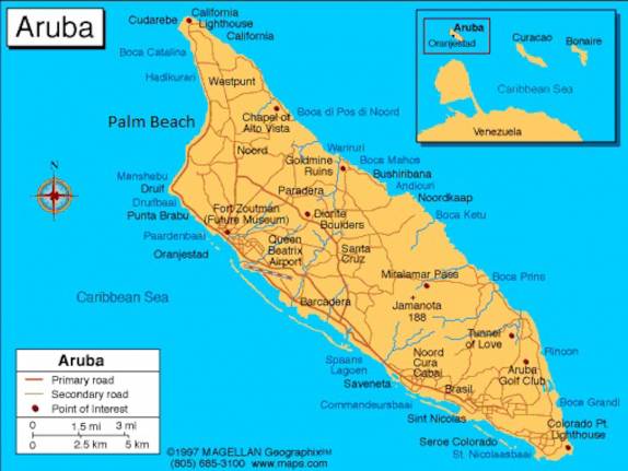 Mapa de Aruba e sua posição relativa à Venezuela, Curaçao e Bonaire